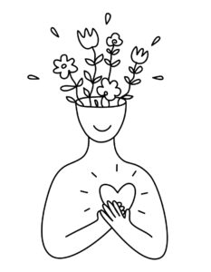 A person with a flower pot for a head, holding a heart close to their chest, symbolizing self-love a.