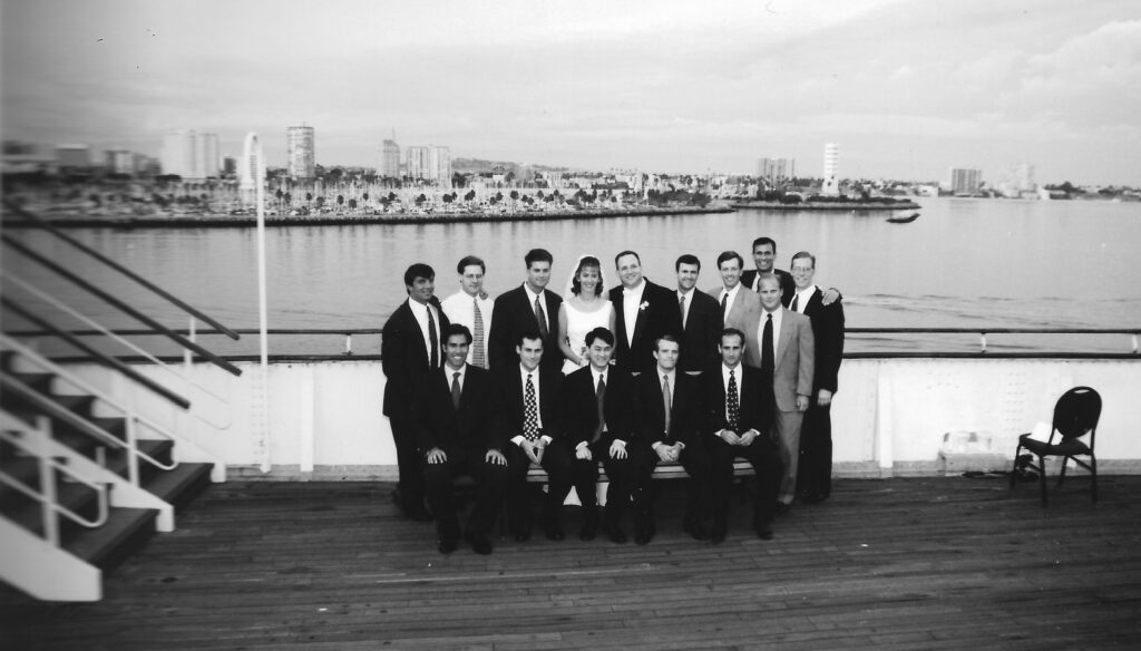 a wedding party gathers top deck at the Queen Mary